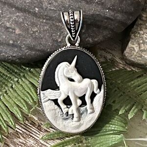 Cameo Unicorn Equestrian Silver 2” Pendant